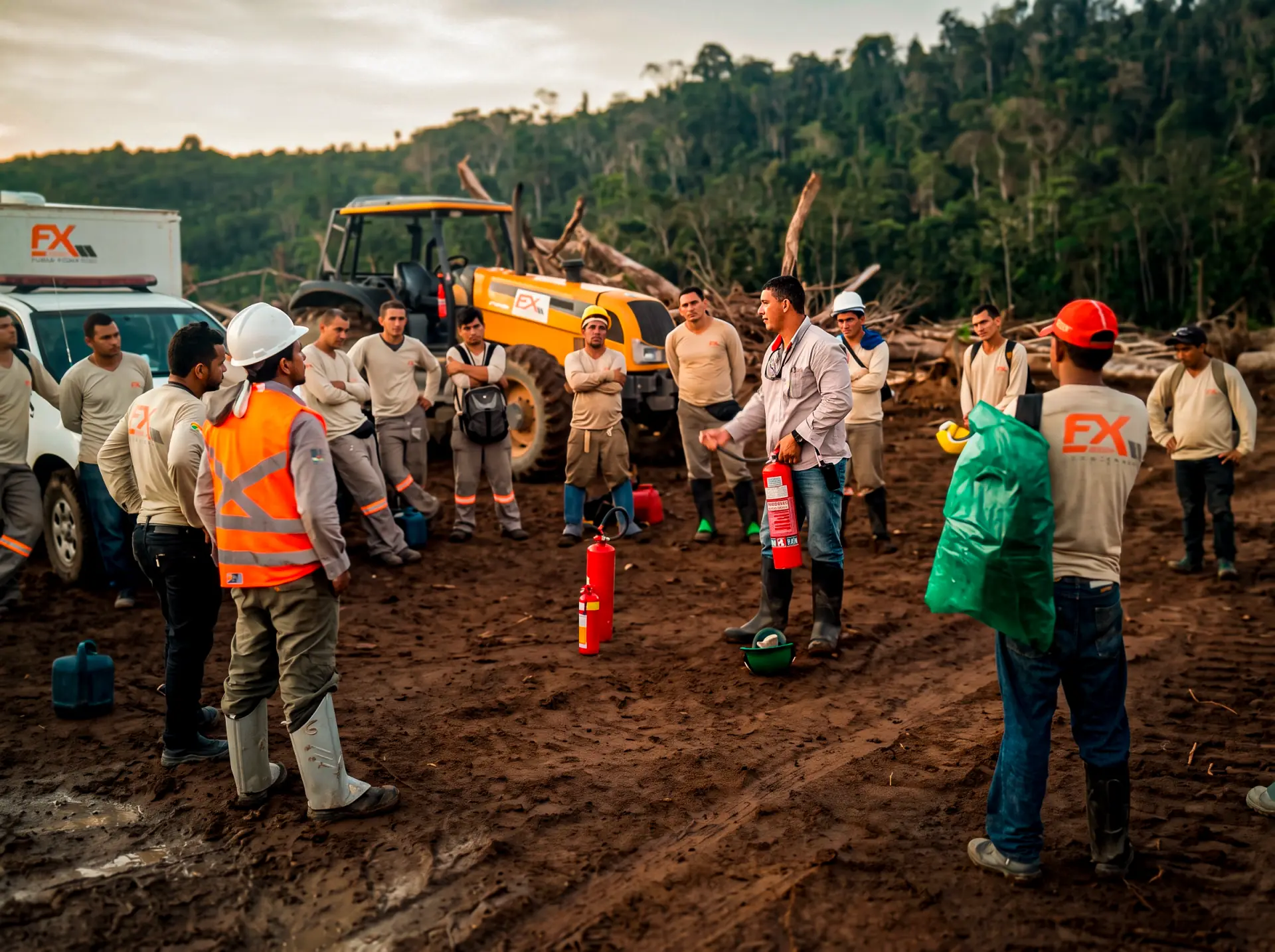 Equipe em EPI (capacete e colete laranja) em treinamento