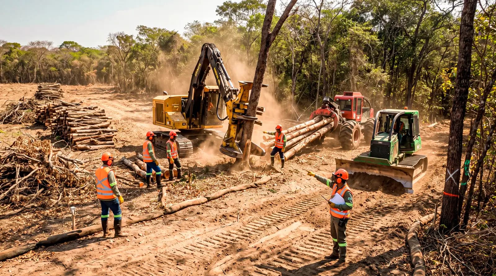Equipe com EPI e máquinas florestais empilhando toras numa frente de supressão
