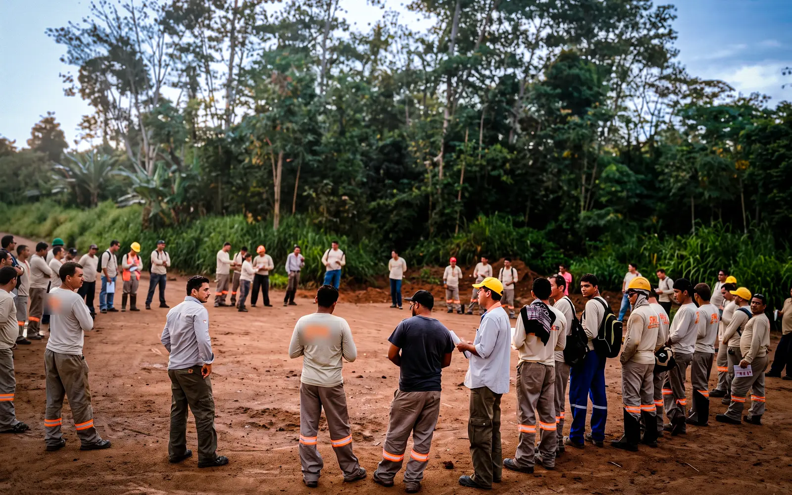Equipe do Grupo FX Minas em roda no DDS, o diálogo diário de segurança, na frente de serviço antes do início do turno